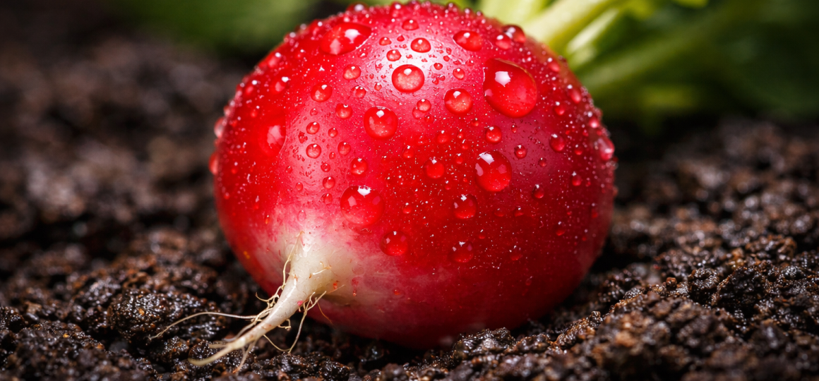 Красный редис с каплями воды на поверхности почвы крупным планом