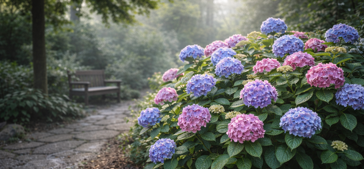 Куст гортензии с розовыми и голубыми цветами в саду