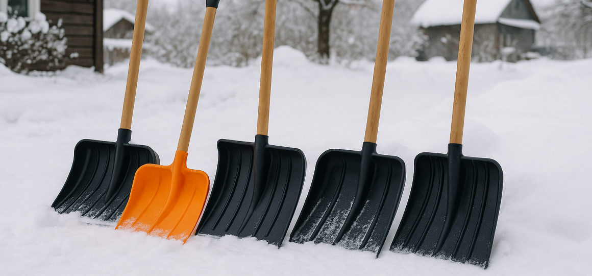 Несколько широких лопат для уборки снега стоят в рыхлом снегу возле дома на фоне зимнего пейзажа