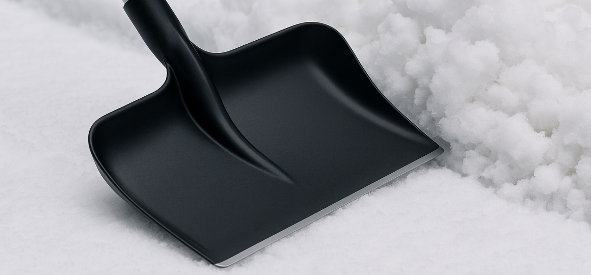 Лопата для снега с металлической кромкой на расчищенной зимней дорожке у многоэтажного дома