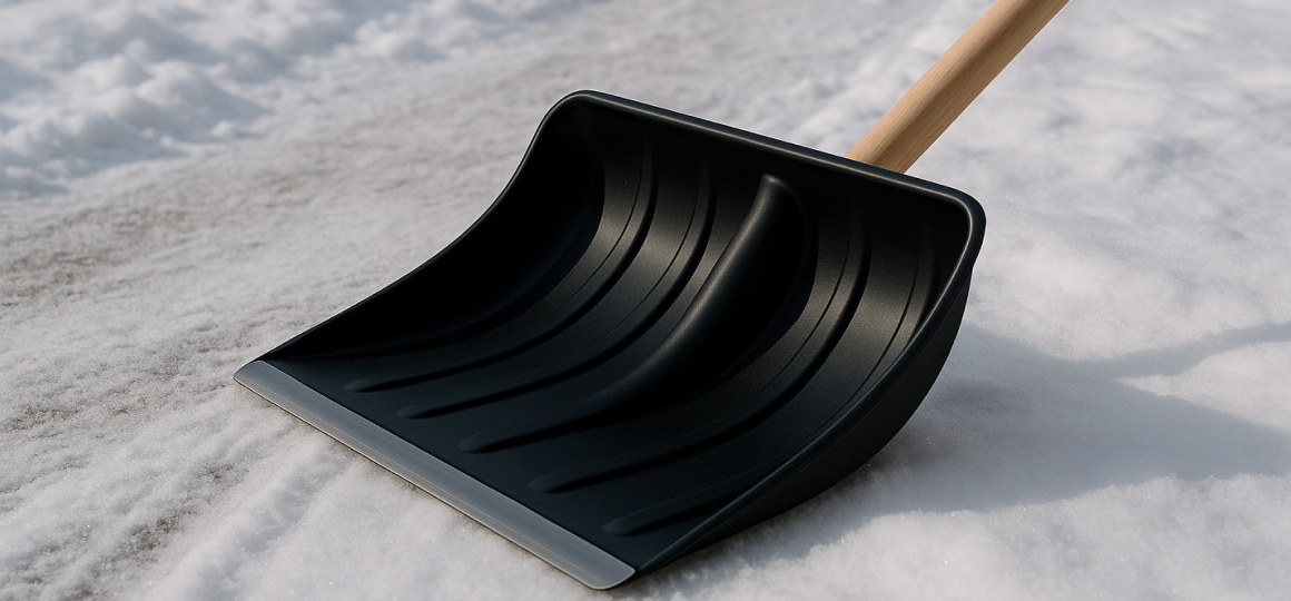 lopata-dlya-uborki-snega Пластиковая лопата с черенком убирает свежий снег с узкой тропинки возле дома