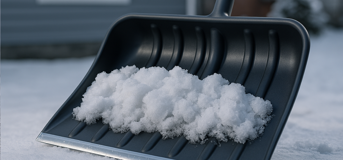 усиленный ковш лопаты с ребрами жёсткости в мокром снегу на зимнем дворе