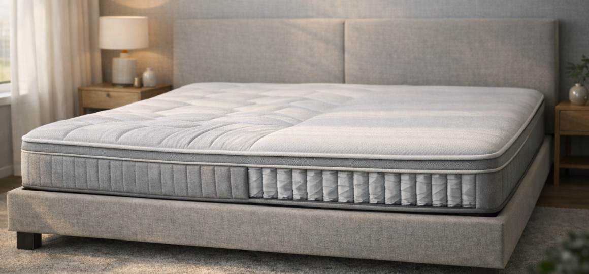 Матрас на кровати в светлой спальне с мягким изголовьем и прикроватной тумбой