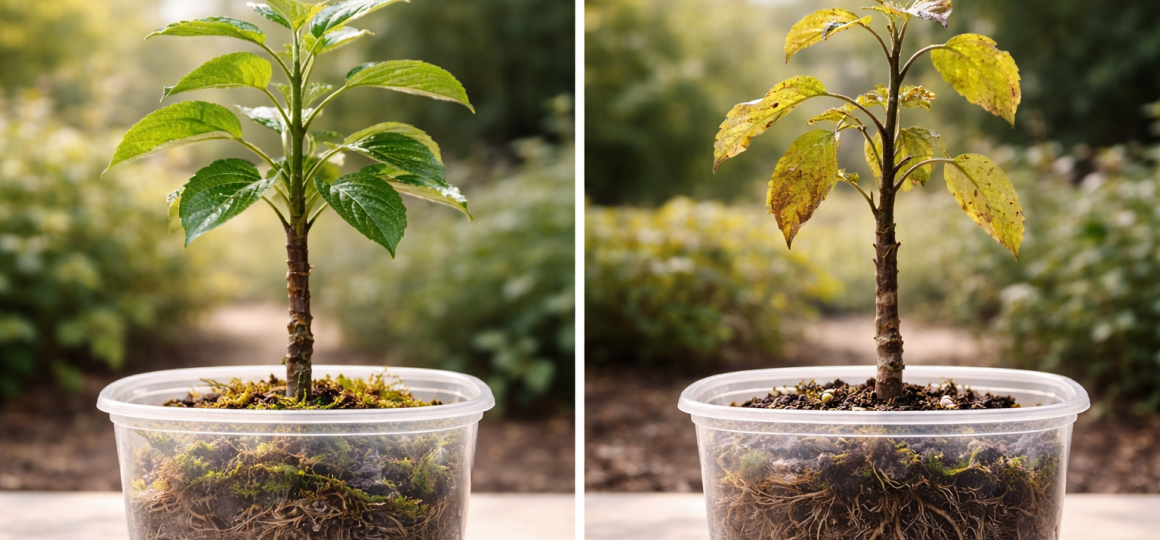 Молодое комнатное растение в прозрачном контейнере с корнями и мхом на столе при пересадке в домашних условиях