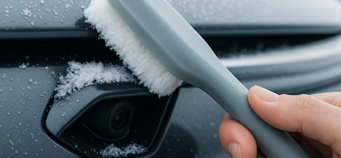 Очистка камеры электромобиля мягкой силиконовой щёткой зимой для деликатного снятия снега
