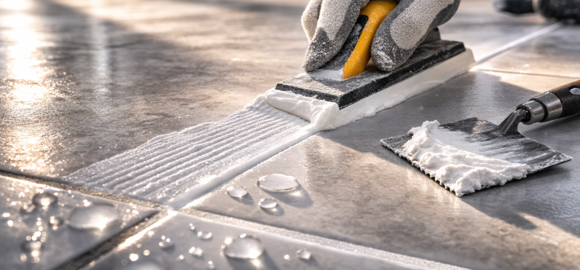 Нанесение белой затирки резиновым шпателем по швам напольной плитки — аккуратная герметизация стыков для влагозащиты и ровных линий