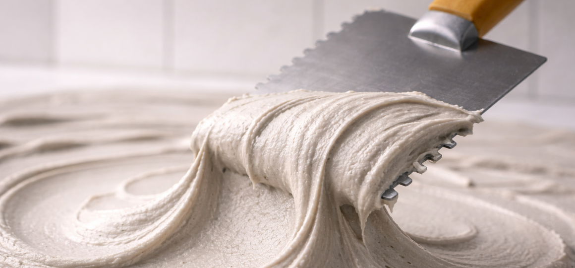 Нанесение плиточного клея зубчатым шпателем на поверхность