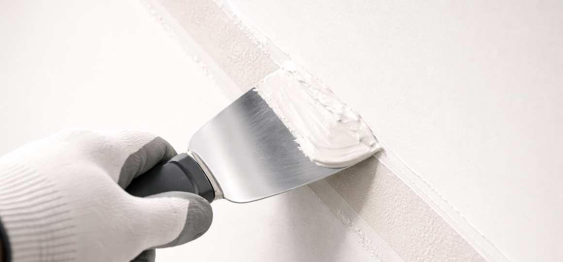 Нанесение шпаклевки на стык гипсокартона шпателем крупным планом