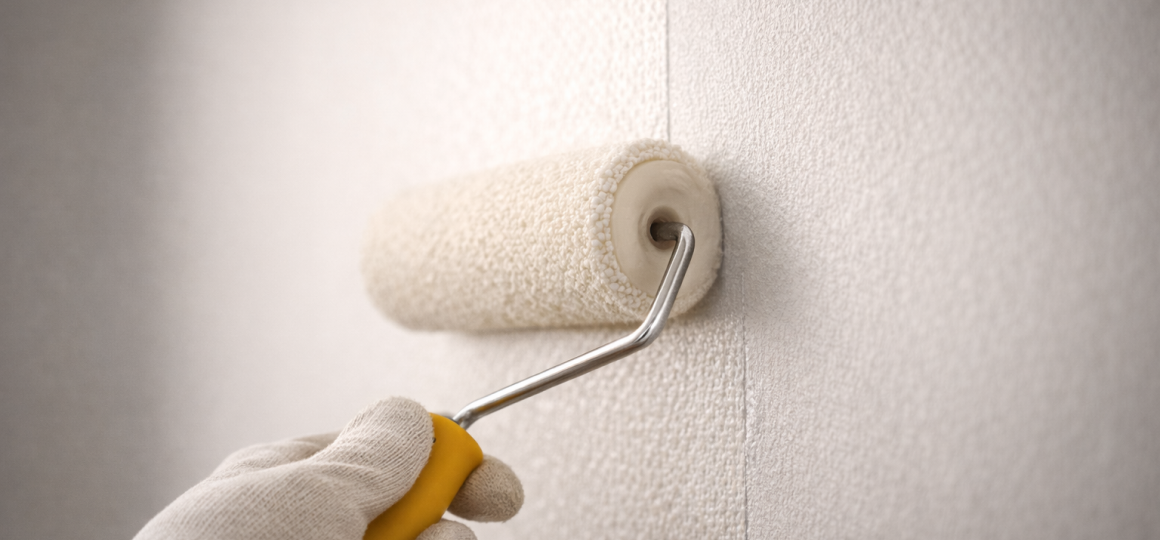 Нанесение влагостойких обоев валиком на ровную стену крупным планом