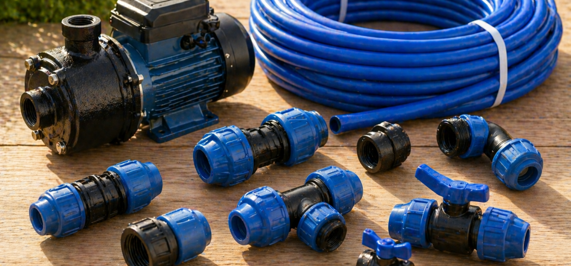 Насос труба ПНД и набор компрессионных фитингов для системы водоснабжения