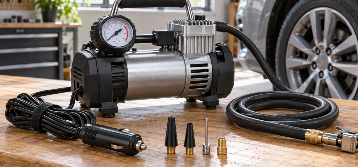 Автомобильный компрессор с манометром, кабелем питания, шлангом и насадками для выбора подходящей модели.