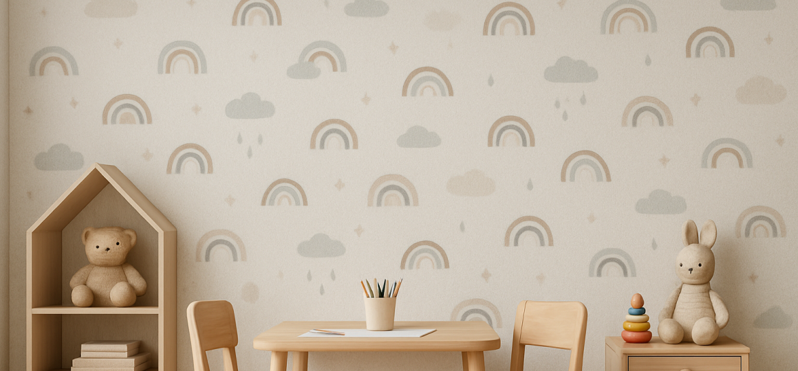 Уютная детская с обоями с рисунком радуг и облаков, деревянной мебелью и природными игрушками, мягкое рассеянное световое оформление