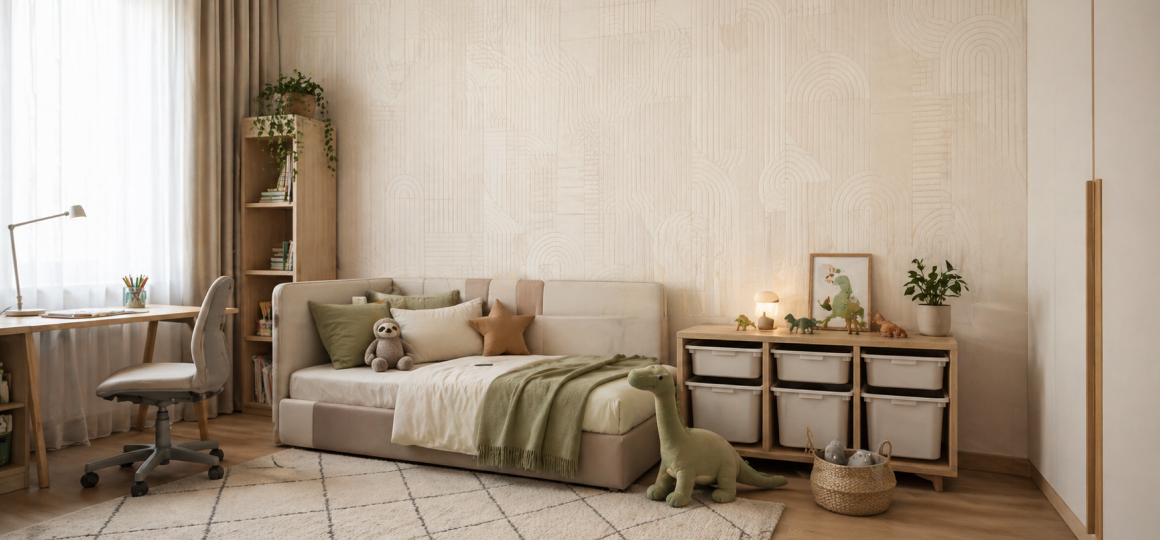 обои в детской комнате со спокойным рисунком и светлой мебелью