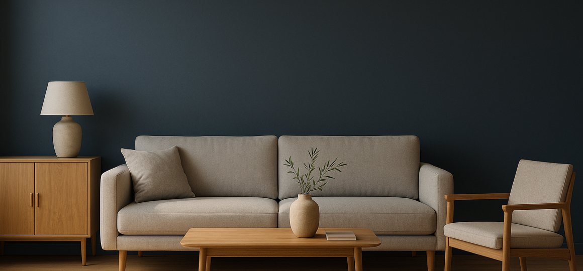 odnotonnbIe-oboi Современная гостиная с глубокими однотонными матовыми обоями и нейтральной мебелью в мягком боковом освещении