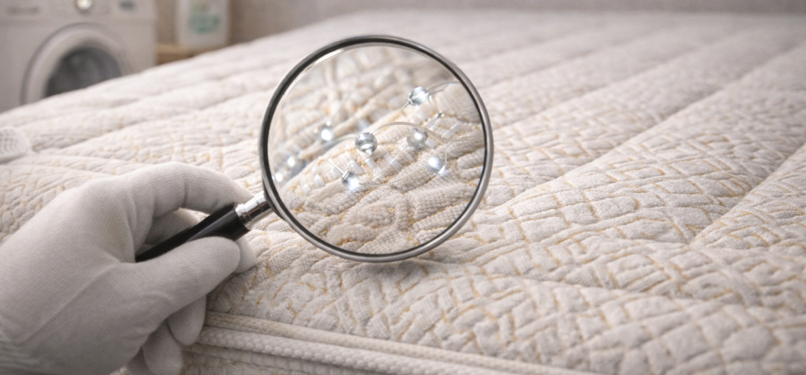 Осмотр поверхности матраса под увеличительным стеклом для проверки чистоты и материалов