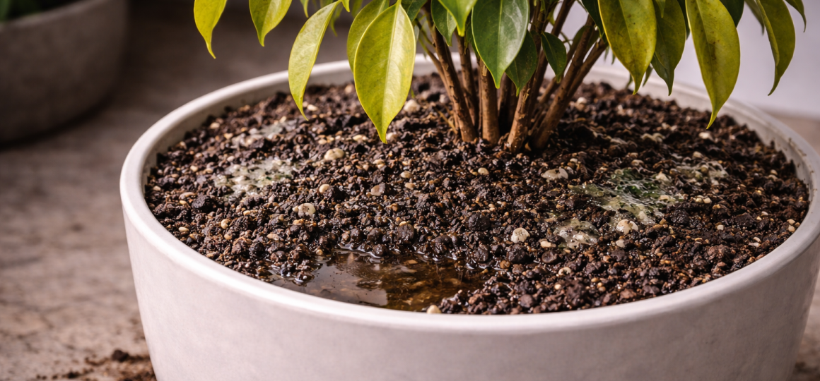 Переувлажненный грунт в горшке с комнатным растением и застоем воды