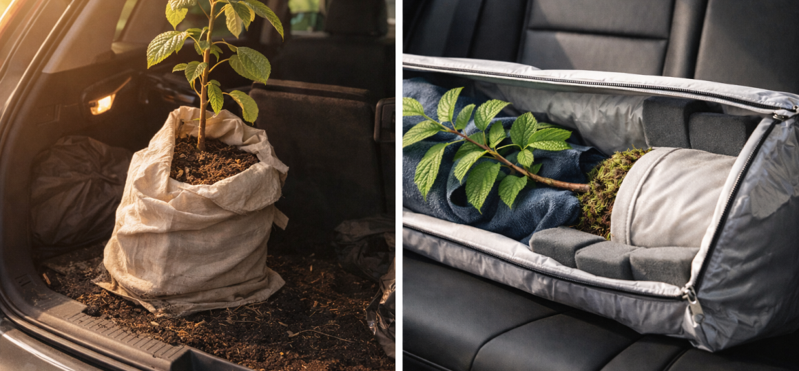 Перевозка саженца растения в автомобиле в мешке с грунтом и защитной упаковке