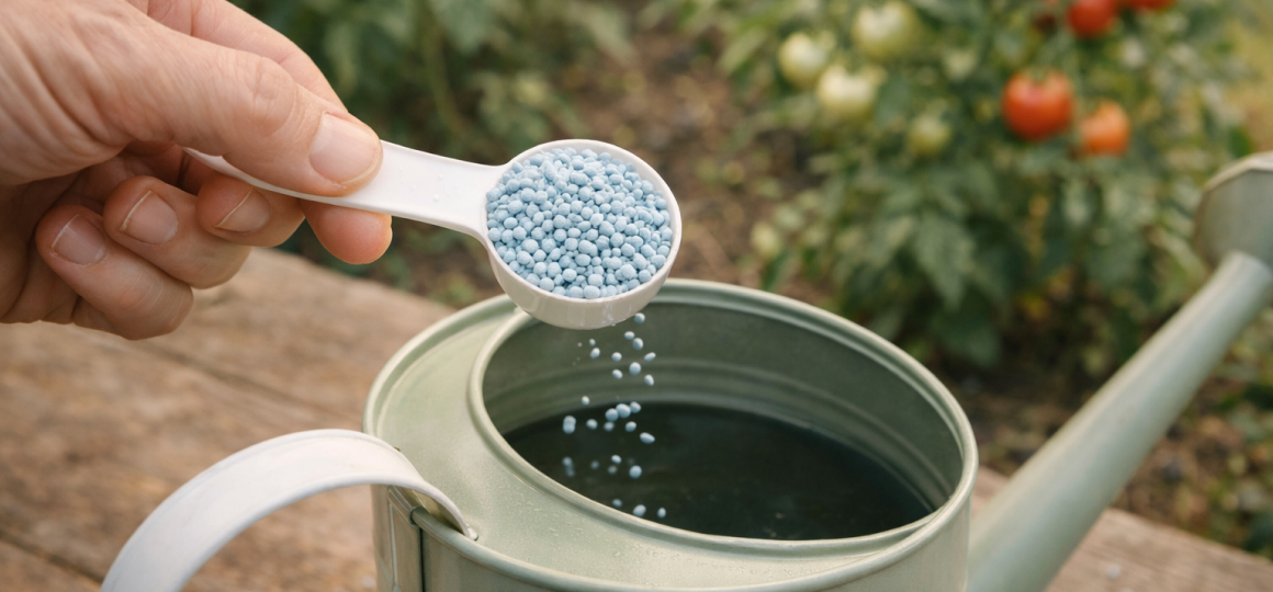 Растворение минерального удобрения в лейке для подкормки растений