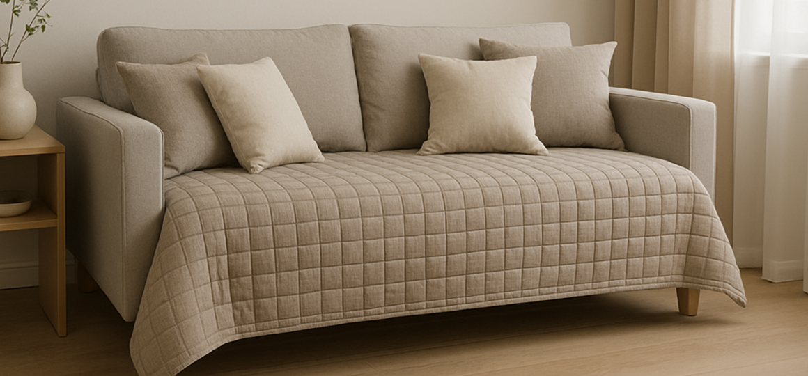 Гостиная с диваном и тонким стёганым покрывалом, нейтральные оттенки, мягкое естественное освещение