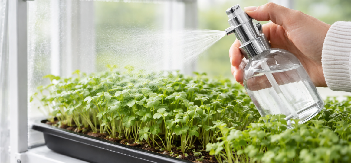 Полив микрозелени из пульверизатора в домашней теплице