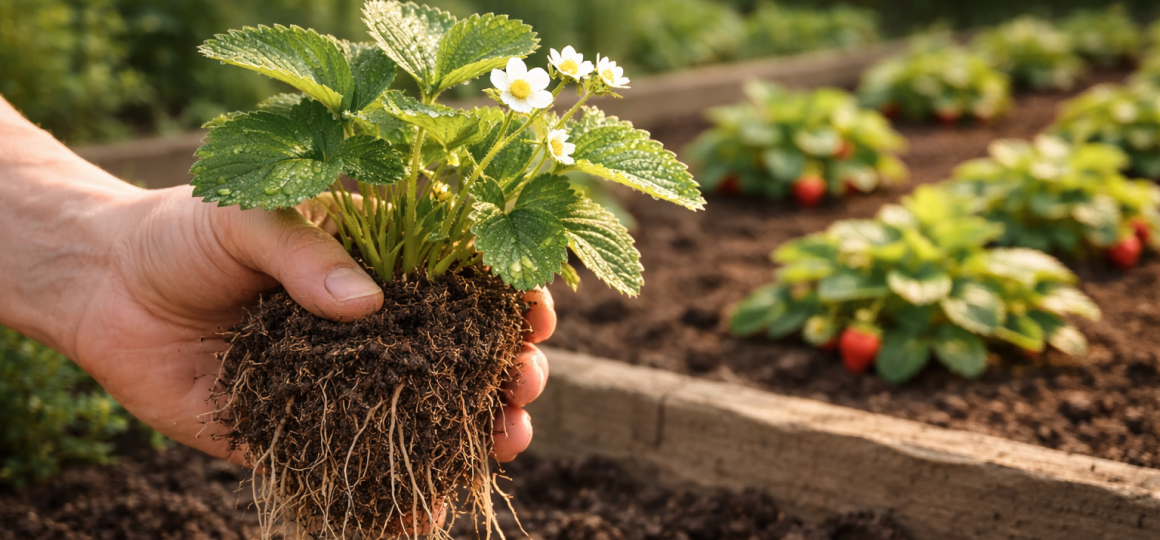 Посадка рассады клубники с развитой корневой системой в грядку