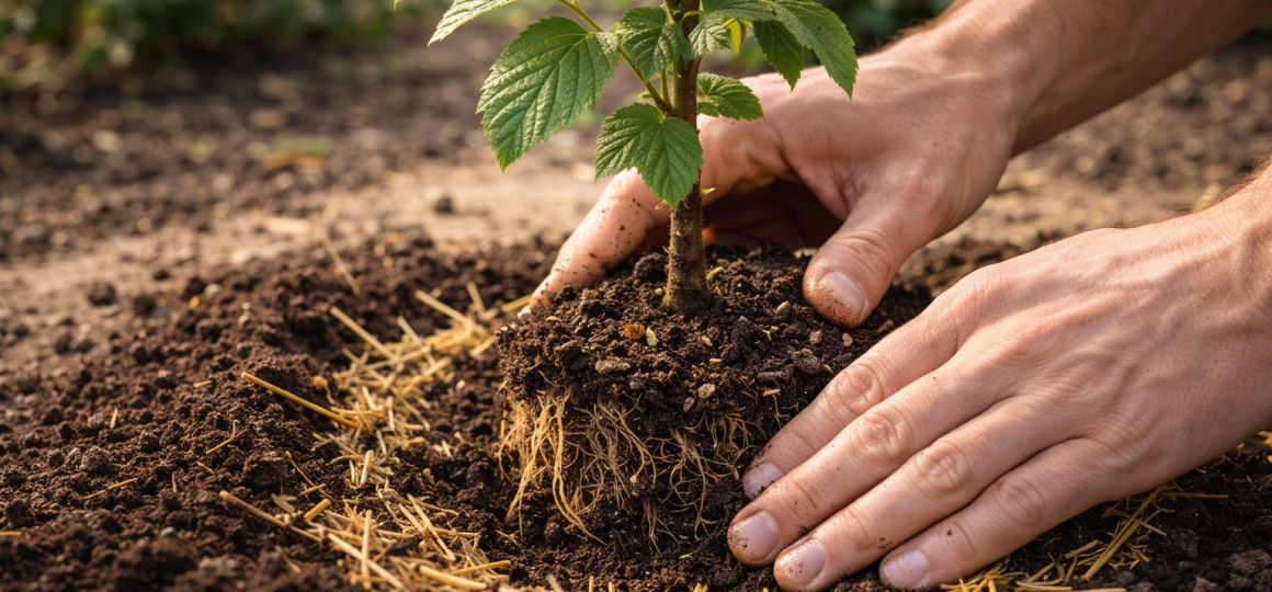Посадка саженца в открытый грунт руками садовника