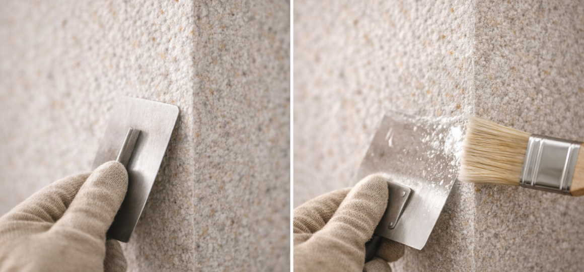 До и после выравнивания стены под декоративные обои с фактурой штукатурки в спальне