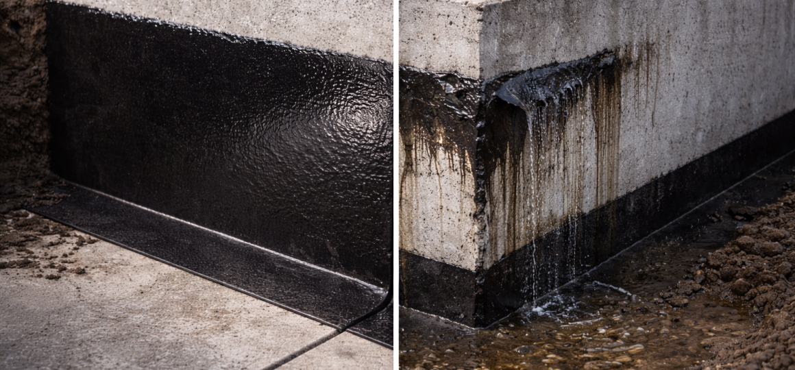 Сравнение гидроизоляции фундамента снаружи слева ровный битумный слой и герметичный шов справа протечка воды под отмосткой и мокрый бетон
