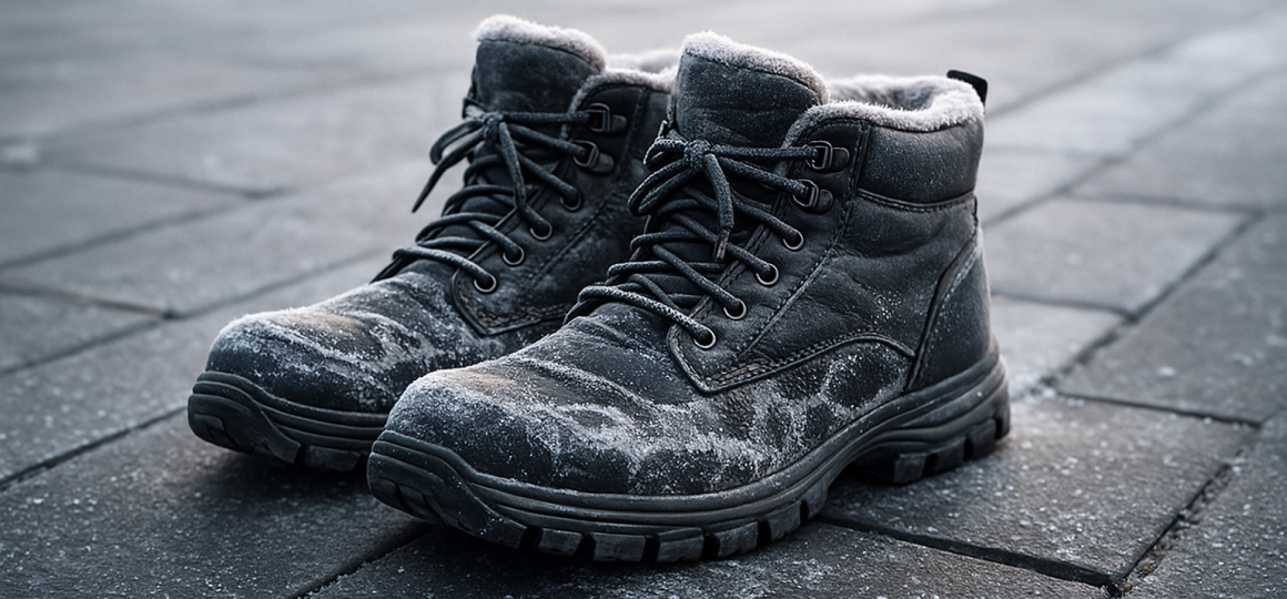 Зимние ботинки с белыми следами соли на тротуаре после реагентов