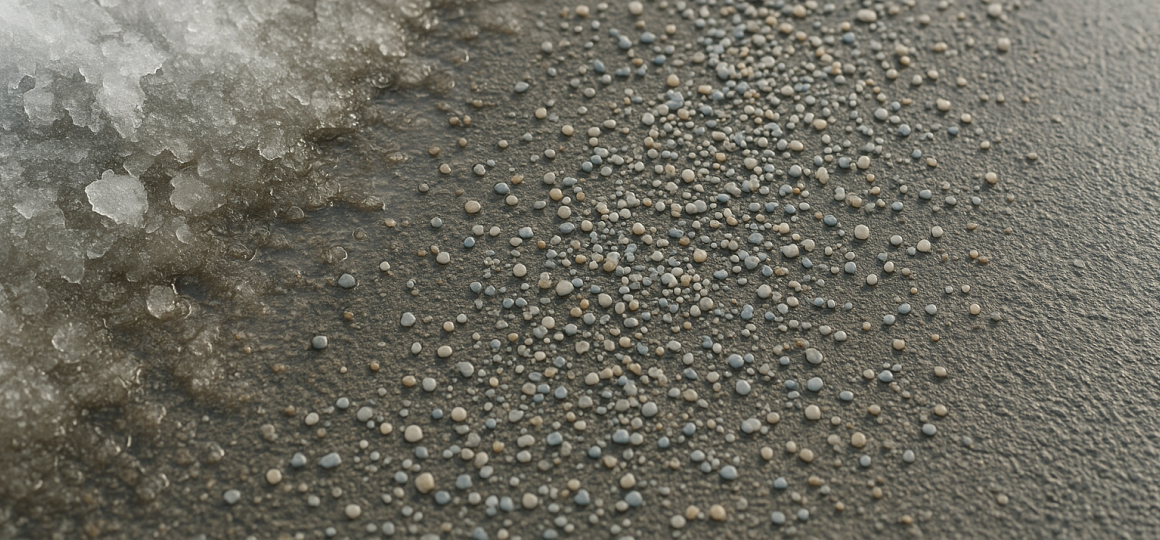 Тающий снег и гранулы противогололёдной смеси на зимней дорожке, детальный крупный план поверхности