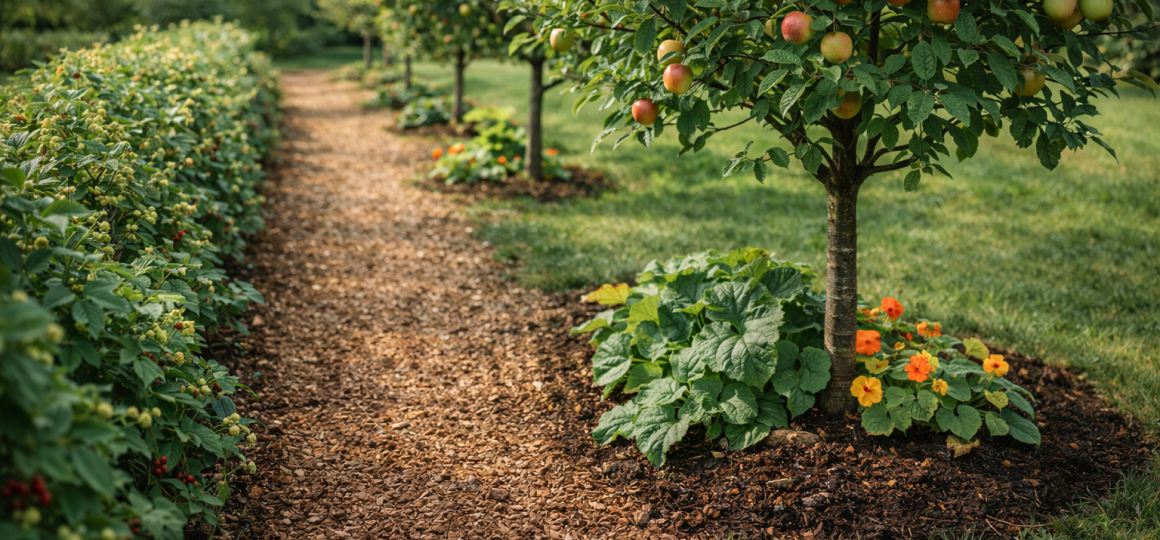 Садовая дорожка между плодовыми деревьями с яблоками и декоративными растениями