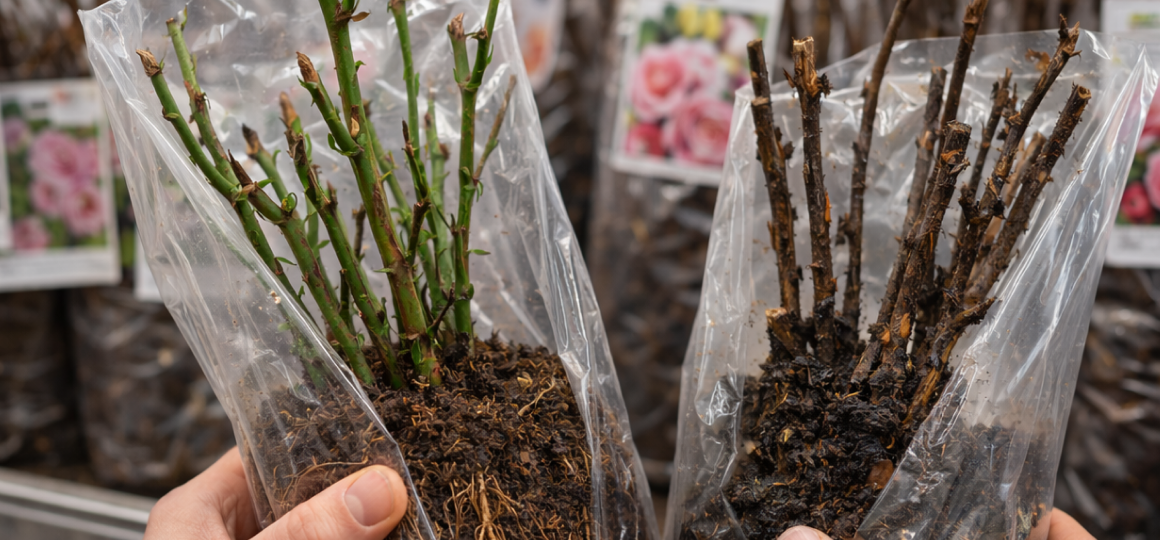 сравнение саженцев роз на полке: слева крепкие побеги и целые почки, справа тёмные участки и сморщенность