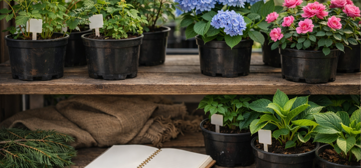 Саженцы кустов в контейнерах на витрине: блокнот для списка покупок, выбор по сезону без спешки