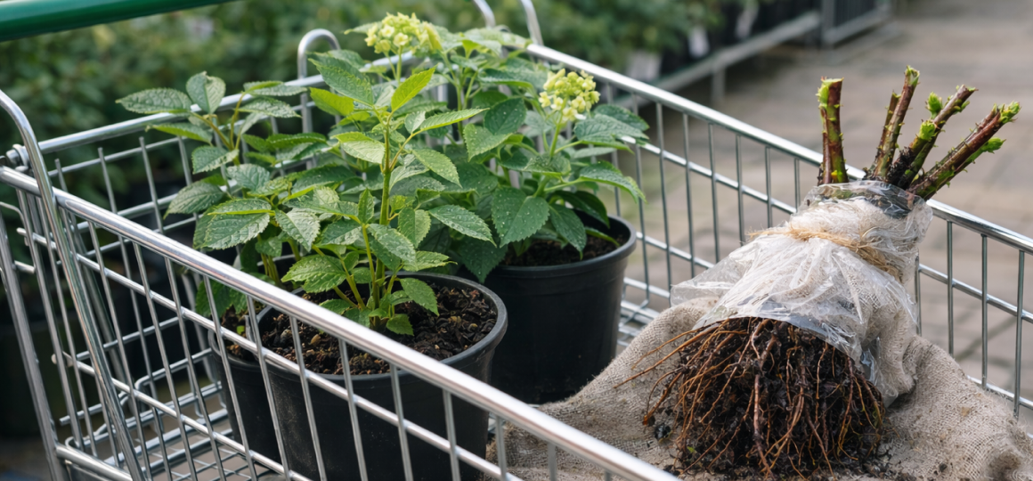 Горшечные саженцы и саженец с открытыми корнями в тележке, покупка в садовом отделе
