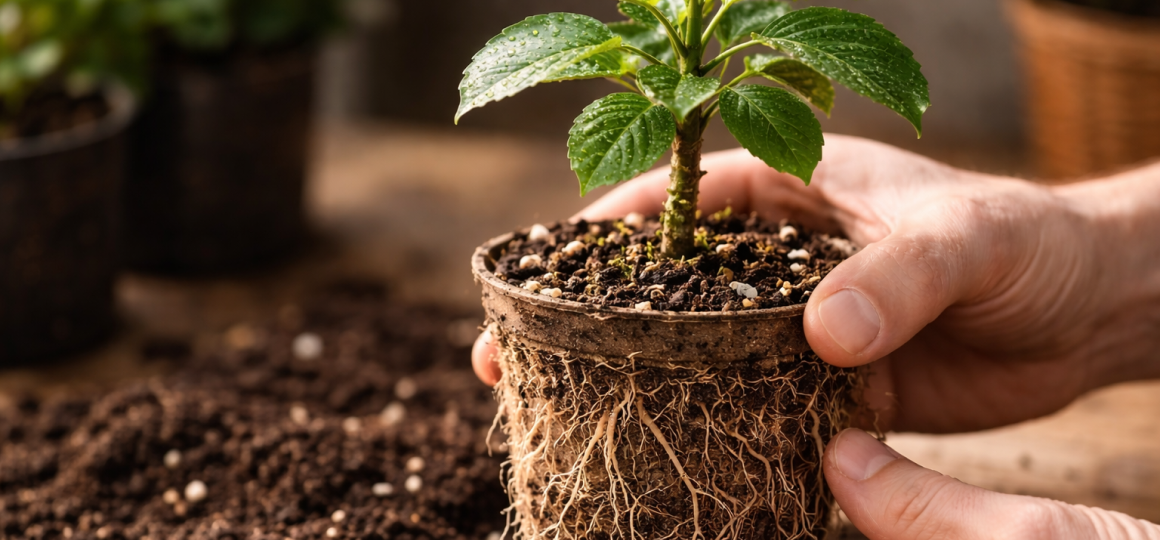 Саженец декоративного растения с развитой корневой системой в руках садовода перед пересадкой в почву