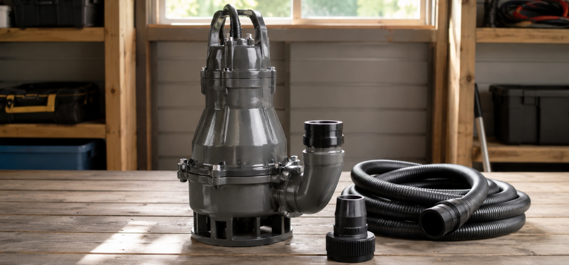 Серый фекальный насос с гофрированным шлангом и переходниками стоит на деревянном столе в мастерской перед установкой в канализационную систему