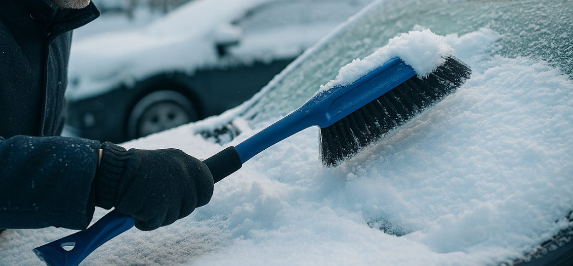 Водитель очищает лобовое стекло качественной щёткой-скребком с мягким ворсом в морозном дворе
