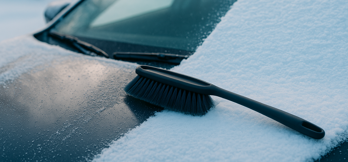 Мягкая щётка лежит на частично очищенном лобовом стекле автомобиля, видно ровную линию снятого снега.
