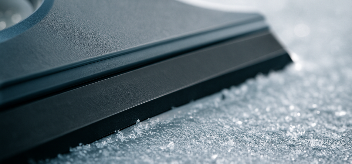 Кромка скребка в макросъёмке, ровная обработка и геометрия, кристаллы льда вокруг