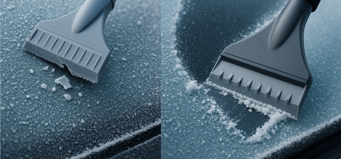 skrebok-led-steklo-avto Сломанный скребок рядом с прочным скребком для наледи, сравнение работы на морозе