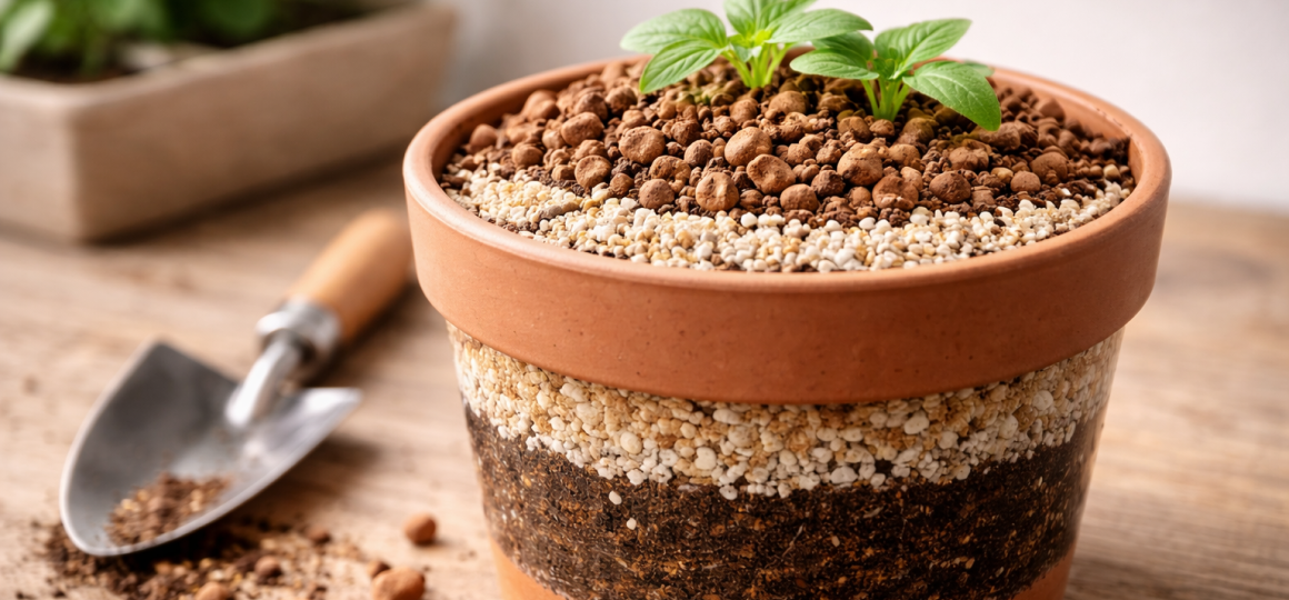 Слоеный дренаж и грунт в цветочном горшке для выращивания рассады