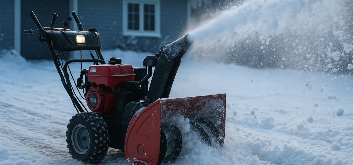 Снегоуборщик выбрасывает мокрый снег на въезде частного участка, плотная масса и работа в условиях сильного снегопада
