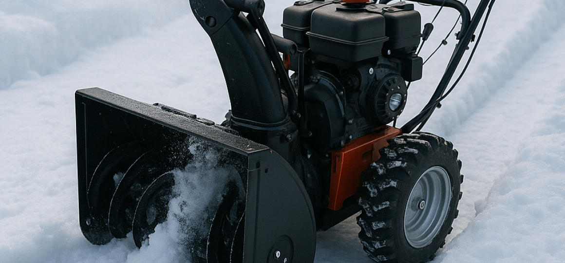 Бензиновая снегоуборочная машина расчистила широкий проход через плотный уплотнённый снег