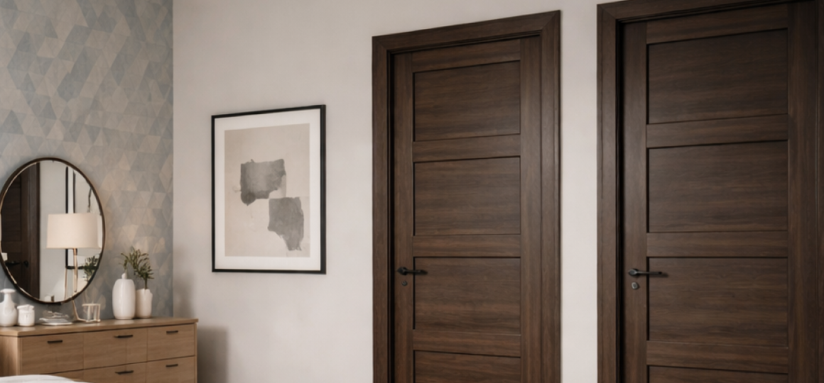 Современная спальня с двуспальной кроватью светлым текстилем и тёмными межкомнатными дверями