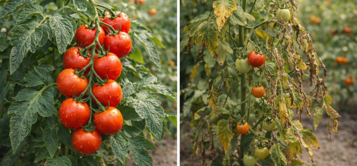 Спелые красные помидоры на кусте в огороде, крупные плоды с каплями росы на листьях и плодах, здоровое растение томата в период активного плодоношения