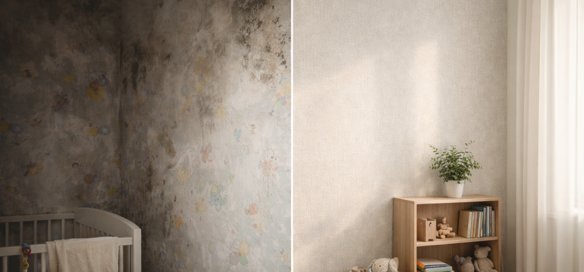 Сравнение детской комнаты до и после ремонта с обновлённой отделкой стен