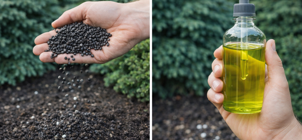 Сравнение двух видов удобрений: рука рассыпает сухие гранулы и рука держит флакон с жидким концентратом.