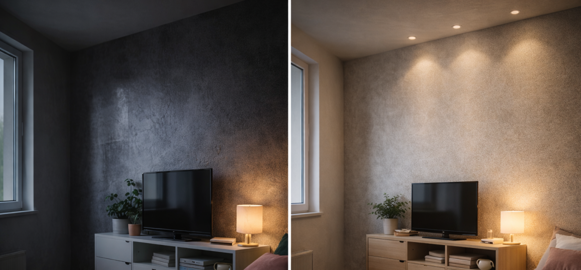 Сравнение интерьера до и после поклейки светлых обоев с эффектом визуального увеличения пространства