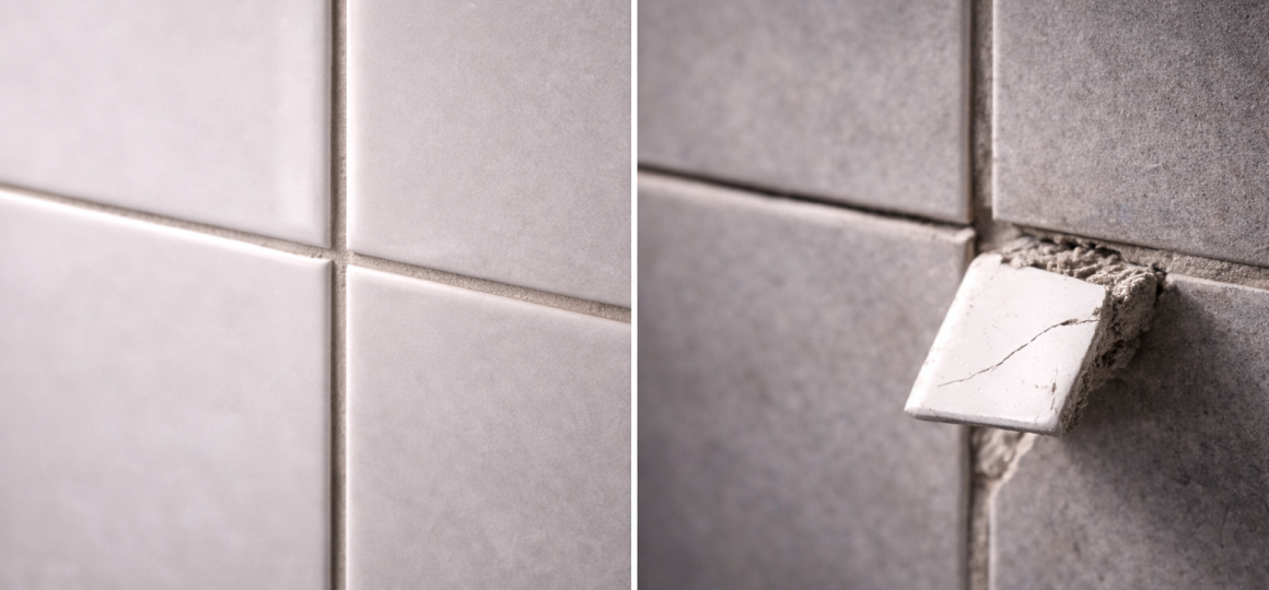 Сравнение качественной укладки керамической плитки и поврежденной плитки с трещиной и остатками клея