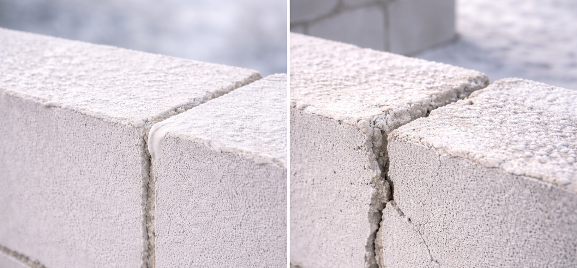Сравнение кладки газобетонных блоков: слева тонкий ровный клеевой шов, справа толстый неровный шов с риском трещин и потерь тепла в стене